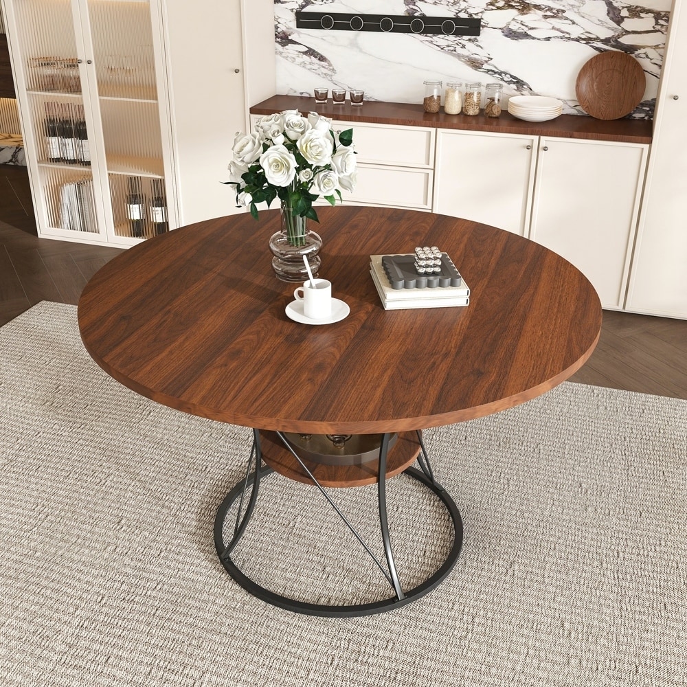 Expandable Farmhouse Kitchen Table with Storage Shelf and Metal Base