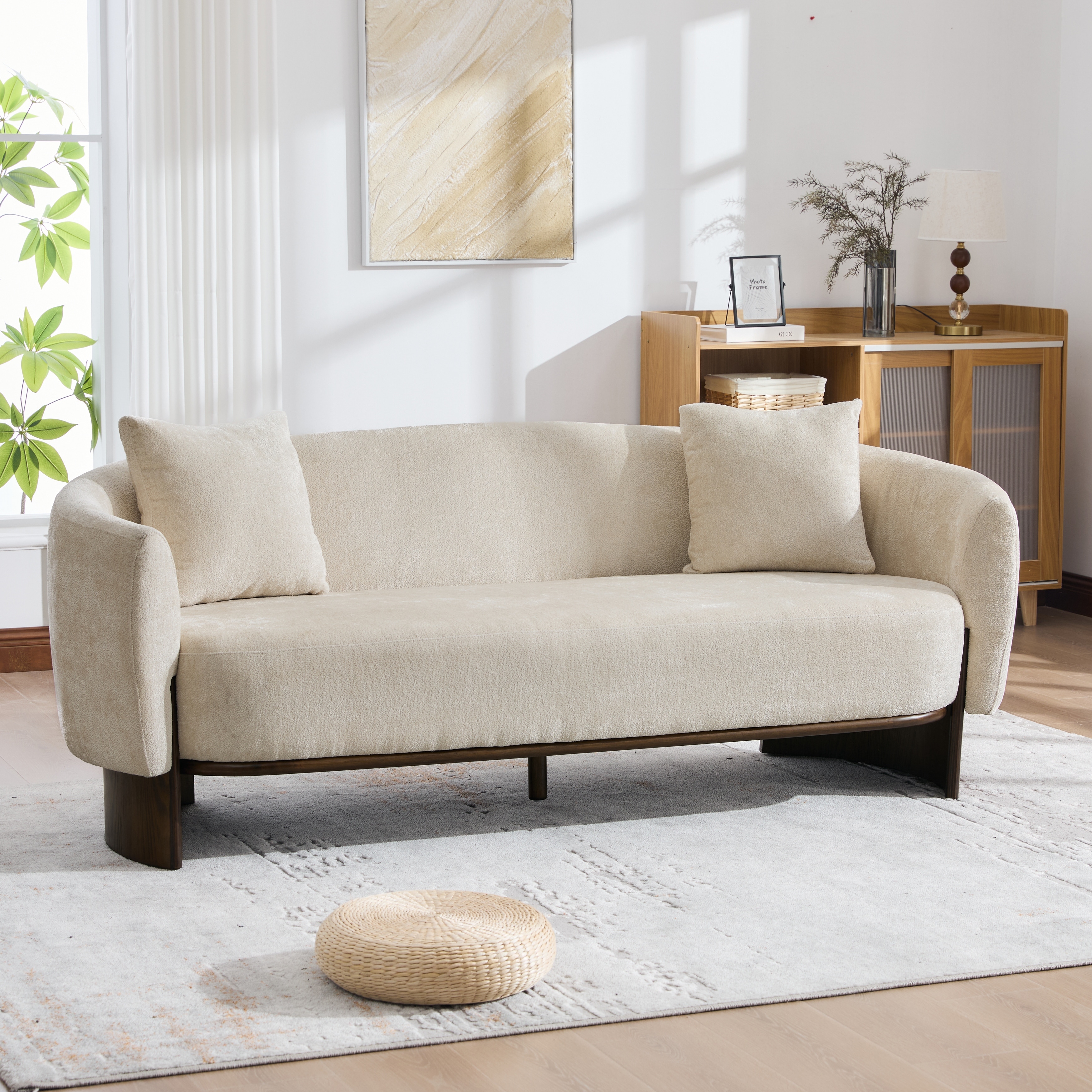 Christopher Knight Home - Mid-Century Modern 81" Upholstered 3-Seater Sofa with Curved Arms and Wood Base for Living Room