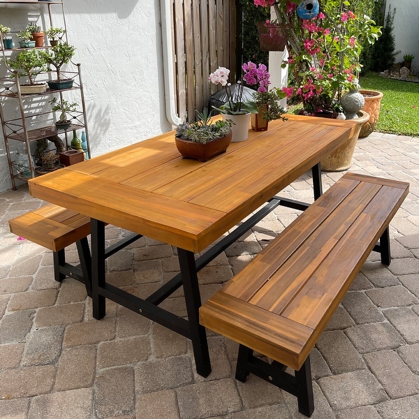 3PCS Outdoor Patio Dining Table Set Acacia Wood with 1 Rectangular