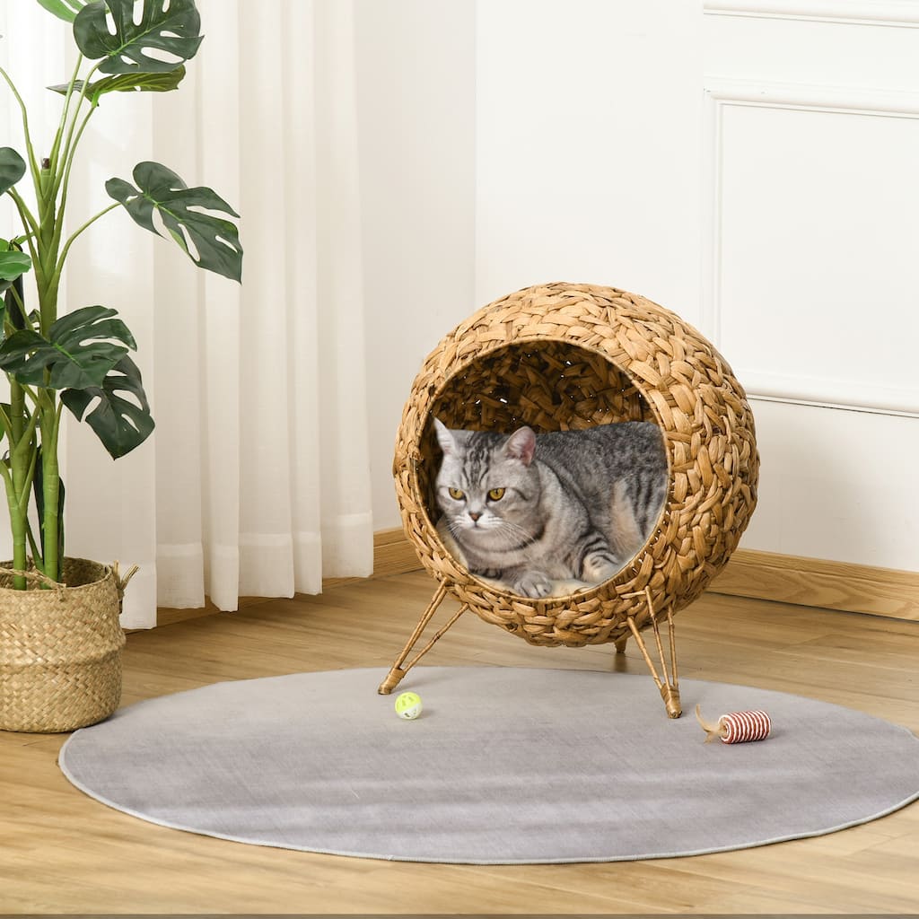 PawHut 20.5" Natural Rattan Cat House, Elevated for Comfort and Circulation, Cushion Included as Animal Bed
