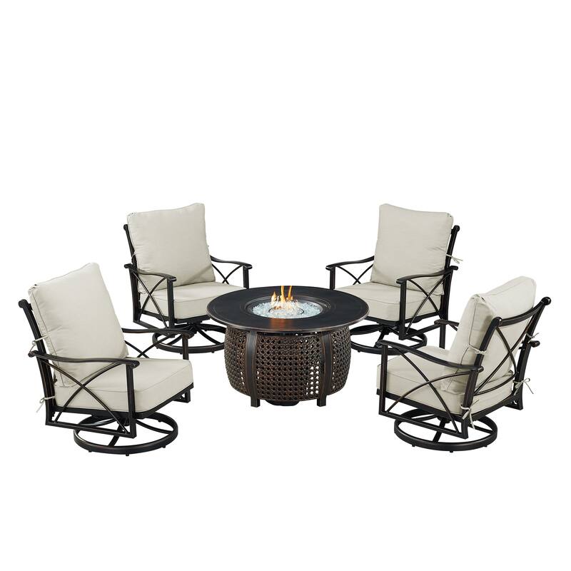 Black Aluminum Fire Table Set with Four Club Chairs