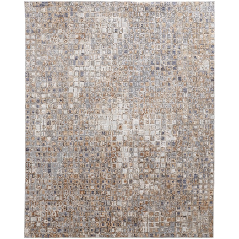Corben Contemporary Mosaic Rug, Silver Gray/Brown, Area Rug - 9'-8" x 12'-8" - Dawn Blue/Tobacco Brown/Silver Gray