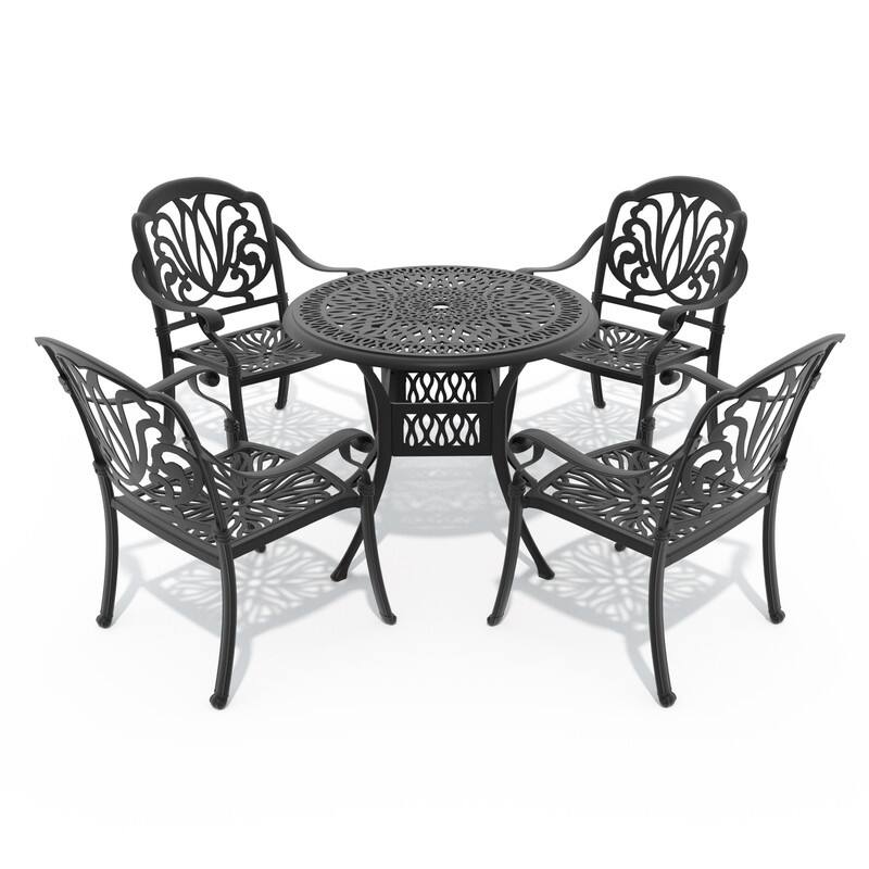 3/5-Piece Cast Aluminum Outdoor Dining Set with 35.43 in. Round Table and Seat Cushions