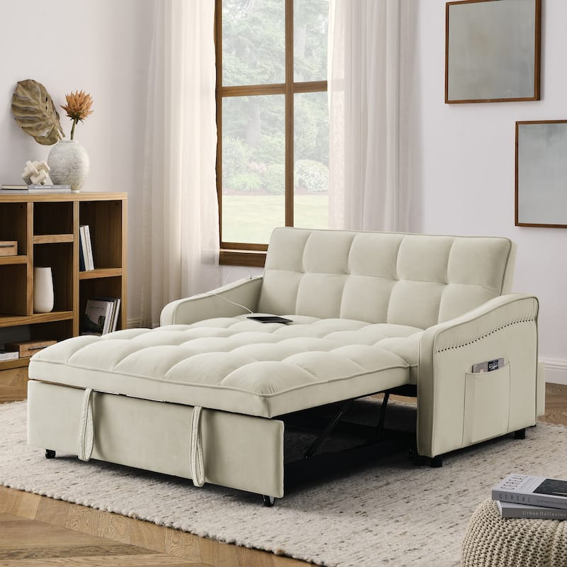 Convertible Sleeper Sofa Bed, Couch Settee with Adjsutable Back and 2 Pocket, Loveseat Sofa Bed with Pull-Out Bed - Beige