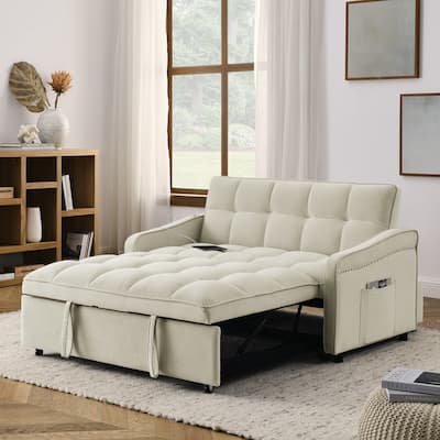 Modern 2-seat Sofa Bed with Pull-out Bed, Adjustable Back, Type C and USB Charging