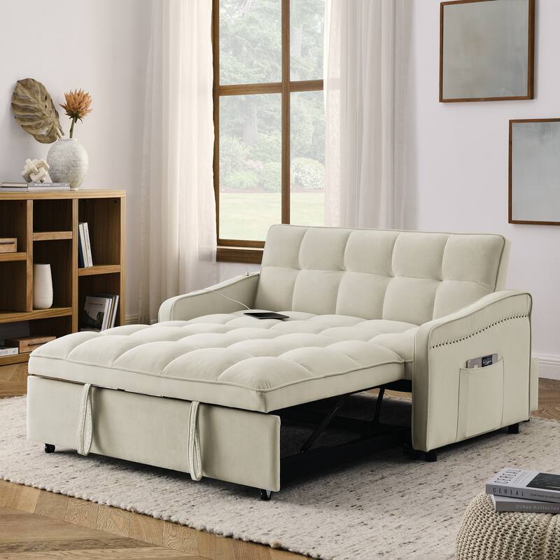 Velvet Sofa Bed with Pull-Out Sleeper and USB Charging Ports for Living Room or Guest Room - Beige