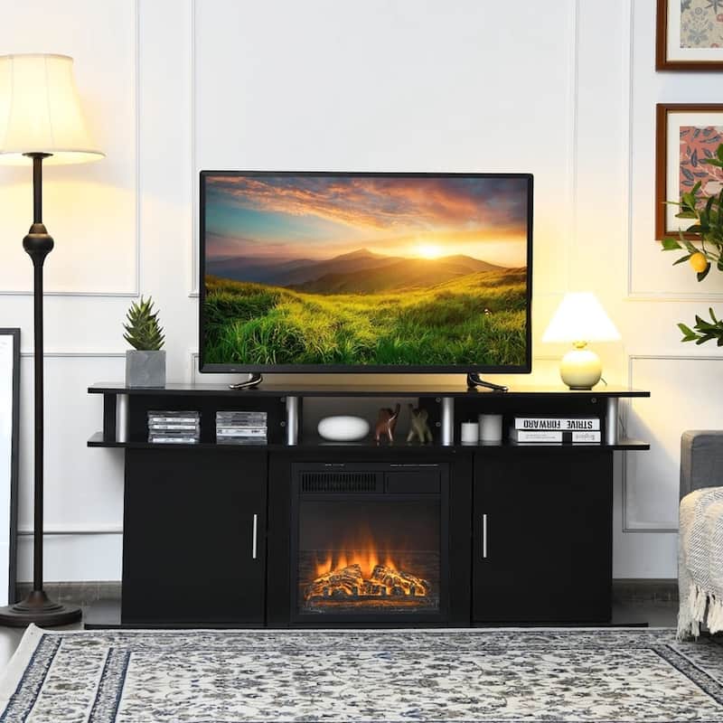 63" TV Stand Center W/ 2 Cabinets Up to 70" Black - 62 inches