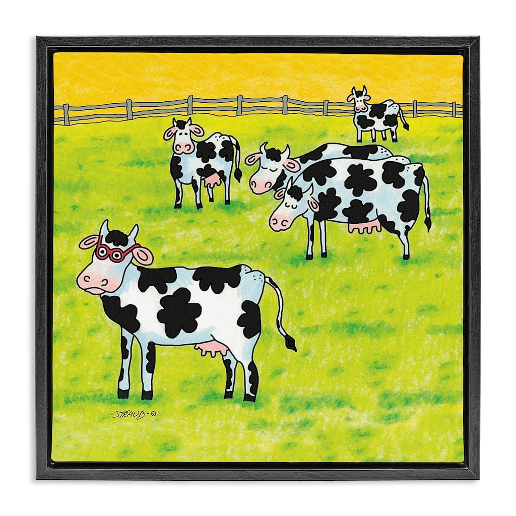 Stupell Funny Cow Herd with Specs Framed Floater Canvas Wall Art Design By Roger Straub