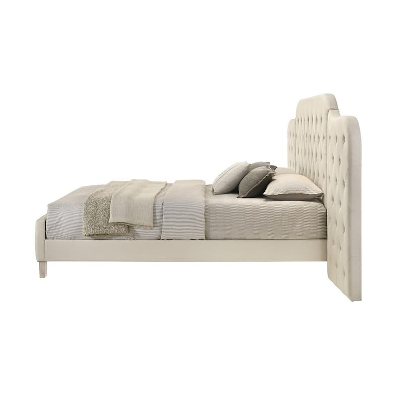 Linen Upholstered Bed with Button Tufted Headboard in Beige