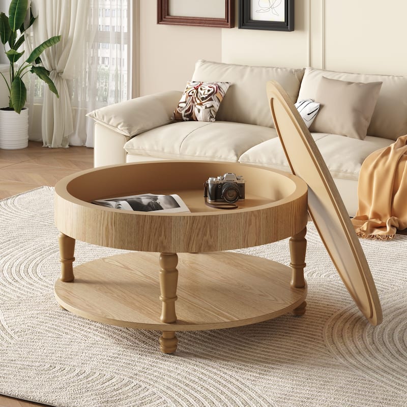 Roomfitters 31.5" Round Coffee Table, Storage Center Table with Hidden Compartment for Living Room - Natural Wood