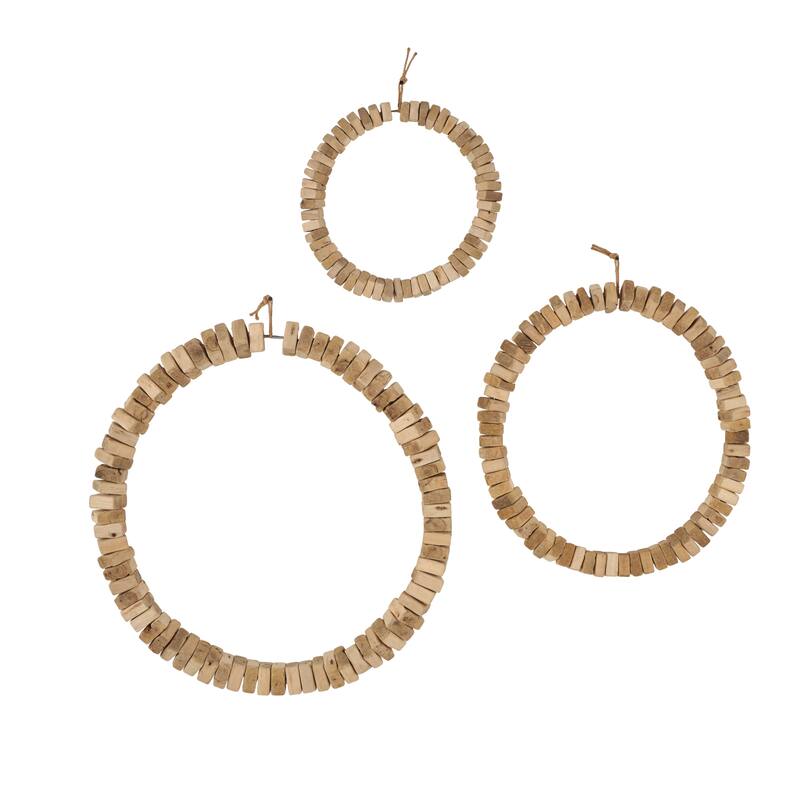 Brown Wood Beaded Abstract Home Wall Decor with Hanging Rope (Set of 3)
