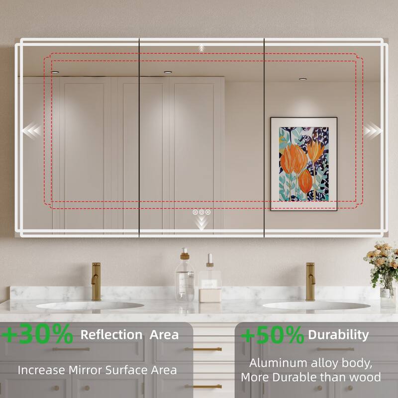 Alita Aluminum LED Medicine Cabinet with Mirror, Dimmable Light, Anti-Fog, Adjustable Shelves, Recessed or Wall Mount
