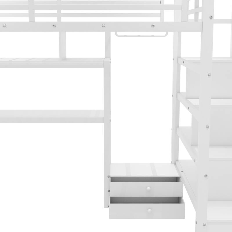 Full Size Metal Loft Bed with LED Lights, Desk, Staircase, and Wardrobe for Kids, White