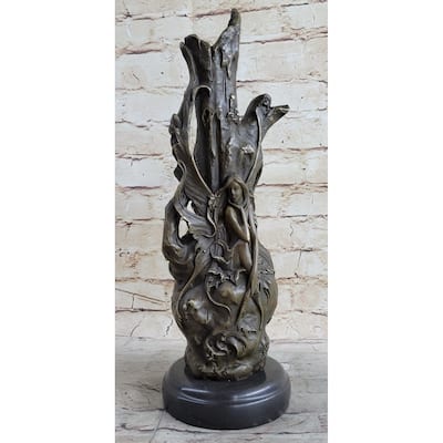 Fantasy Fairy Girl Vase Original Bronze Sculpture On Marble Base 14.5 Inches X 7 Inches