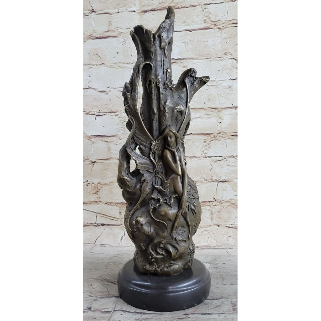 Fantasy Fairy Girl Vase Original Bronze Sculpture On Marble Base 14.5 Inches X 7 Inches