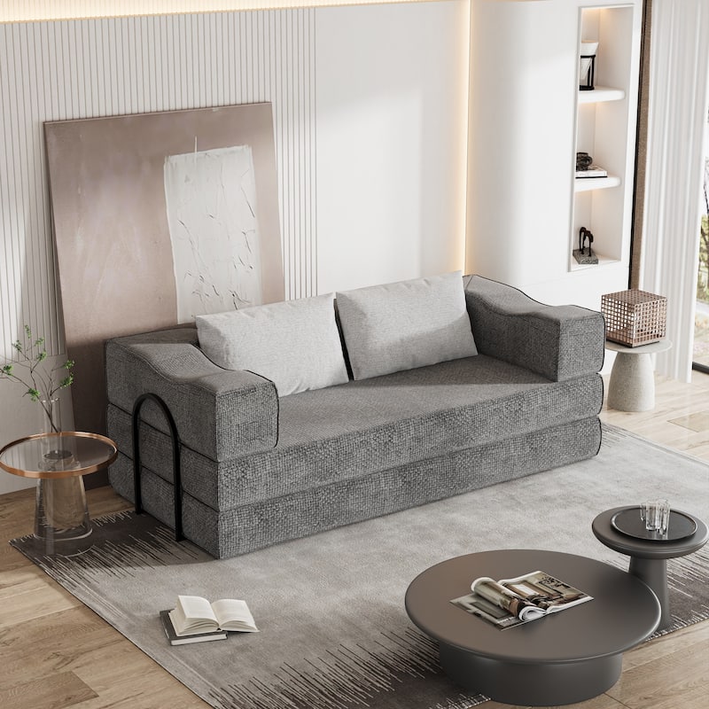 80" Convertible Sofa Bed with 2 Pillows, 2-Seat Folding Floor Couch, Multifunctional Chenille Loveseat Living Room Sleeper Sofa - Grey