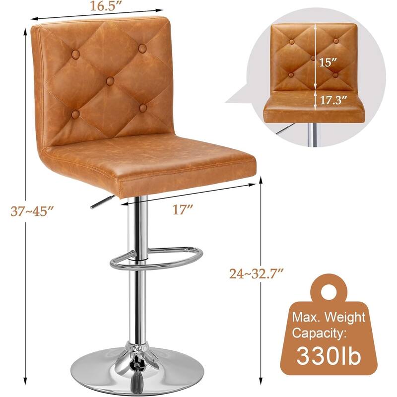 VECELO Bar Stools Set of 2 Armless Adjustable Swivel Modern PU Leather Button Barstools Four Colors are Available