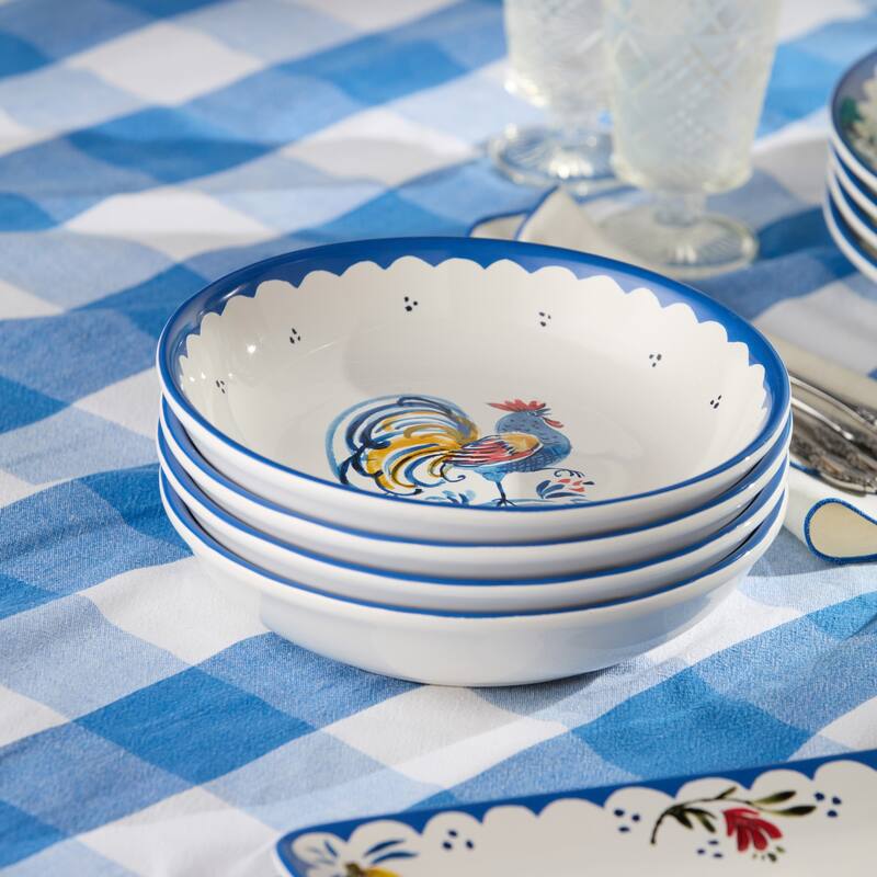 Certified International French Rooster 9" Soup/Cereal Bowls, Set of 4 Assorted Designs - 9.00"L x 9.00"W x 2.00"H