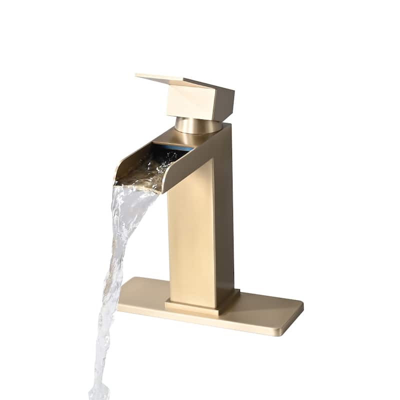 Waterfall Bathroom Faucet Single Handle Bathroom Sink Faucets 1 or 3 Hole with Deck Plate & Overflow Pop Up Drain