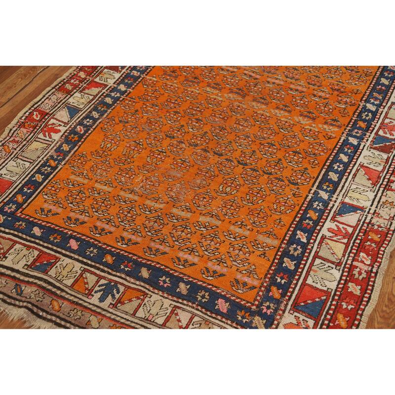Hand Knotted Oriental 100% Wool Carpet Traditional Geometric Oranges & Rust Caucasian Runner Rug - 9' 3'' X 4' 0''