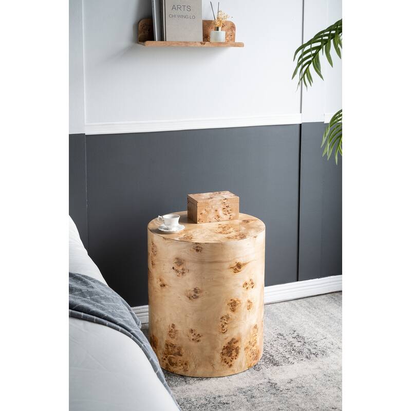 Burl Wood Cylinder Side Table Natural Grain End Table for Living Room