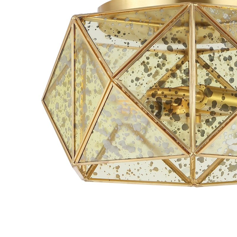 Theo 12.5" 2-Light Industrial Vintage Iron/Glass LED Flush Mount, Brass Gold by JONATHAN Y - 2 Light