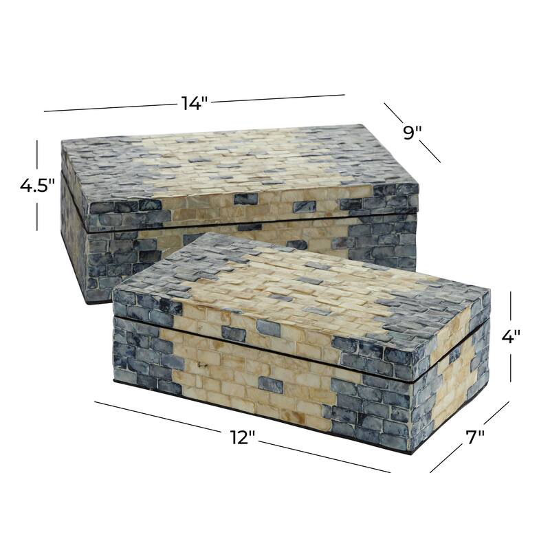 Blue Mother of Pearl Shell Handmade Decorative Box with Hinged Lid (Set of 2)