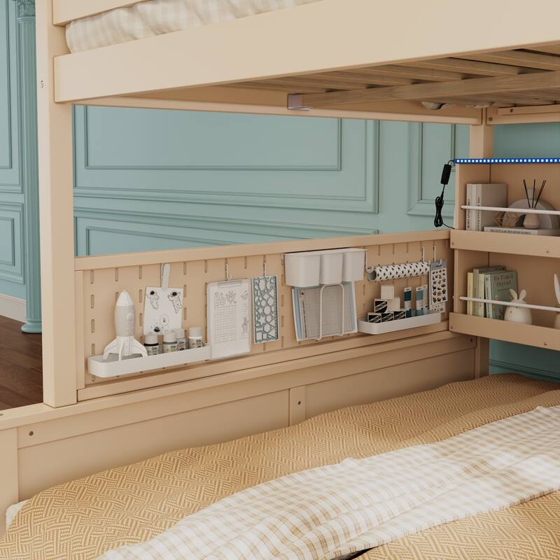 Kids Bunk Bed Frame with Integrated Shelving, Light Strip and Pegboard, Convertible into Floor Platform Bed and Low Loft Bed