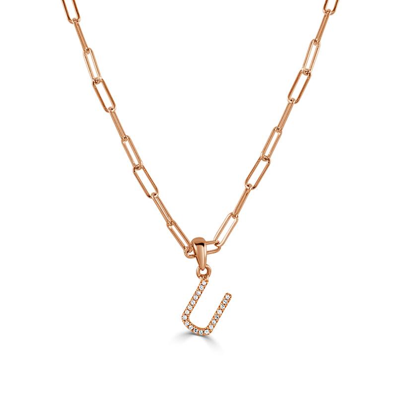Joelle Collection Diamond Initial Letter Necklace Paperclip 14K Gold 16-inch Chain 1/10 TDW Necklace - U - Rose