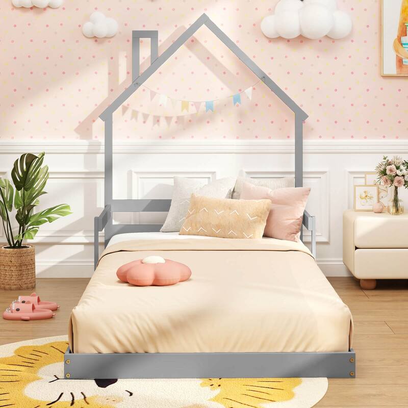 Costway Twin Size Floor Bed for Kids with Chimney Headboard & Handrail