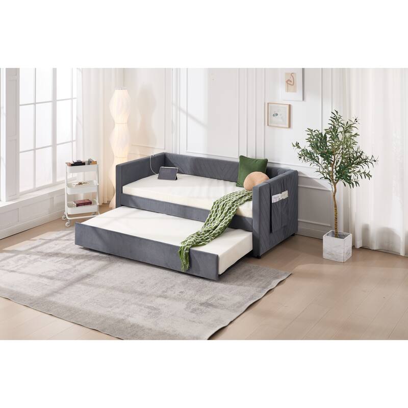 Twin Size Velvet Daybed with Trundle, USB Charging Port & Side Pockets, Modern Upholstered Sofa Bed with V-Pattern Backrest