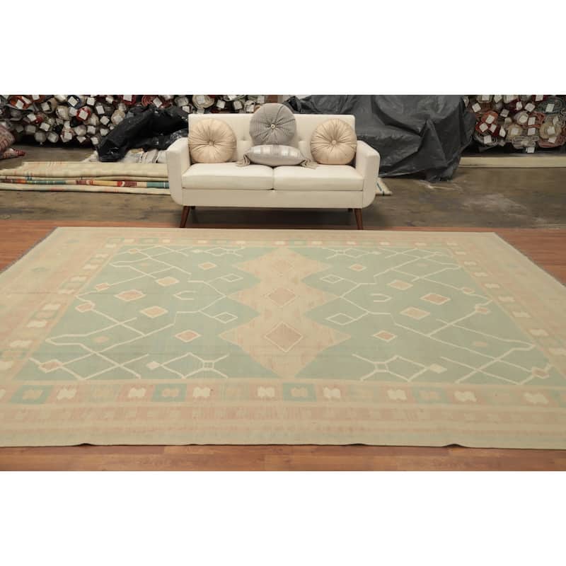 Hand Woven Oriental 100% Wool Carpet Southwestern Tribal Green Kilim Area Rug - 11' 5'' X 8' 10''