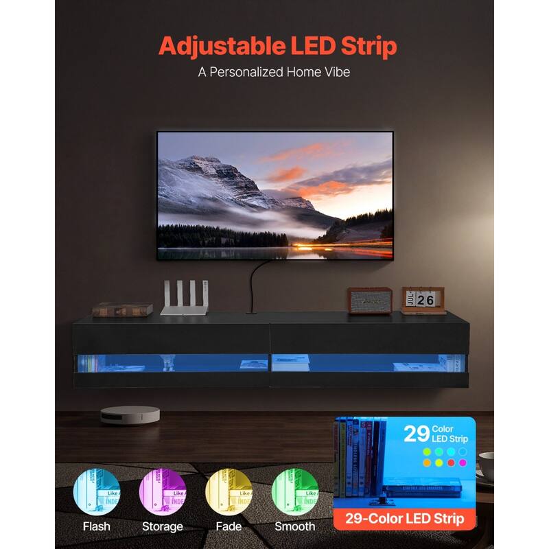 Floating TV Stand, 71 in Wall Mount Entertainment Center with Power Outlet & LED Lights, Modern Floating TV Shelf with 2 Drawers