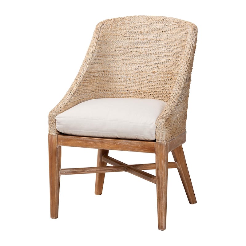 Jasper Seagrass Dining Chair with Mahogany Wood Frame - Coastal Accent Chair with Woven Wingback and Cushioned Seat - White Wash