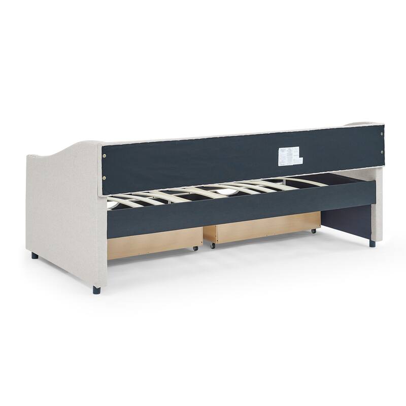 Linen Upholstered Daybed Frame with 2 Drawers & Tufted Backrest