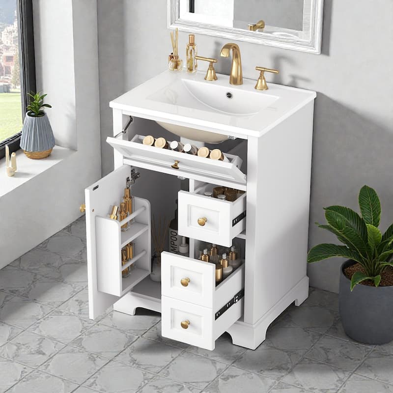 24" Bathroom Vanity with Sink, 3 Drawers and Cabinet with Door Storage Rack, MDF and Pine Wood, Modern Design