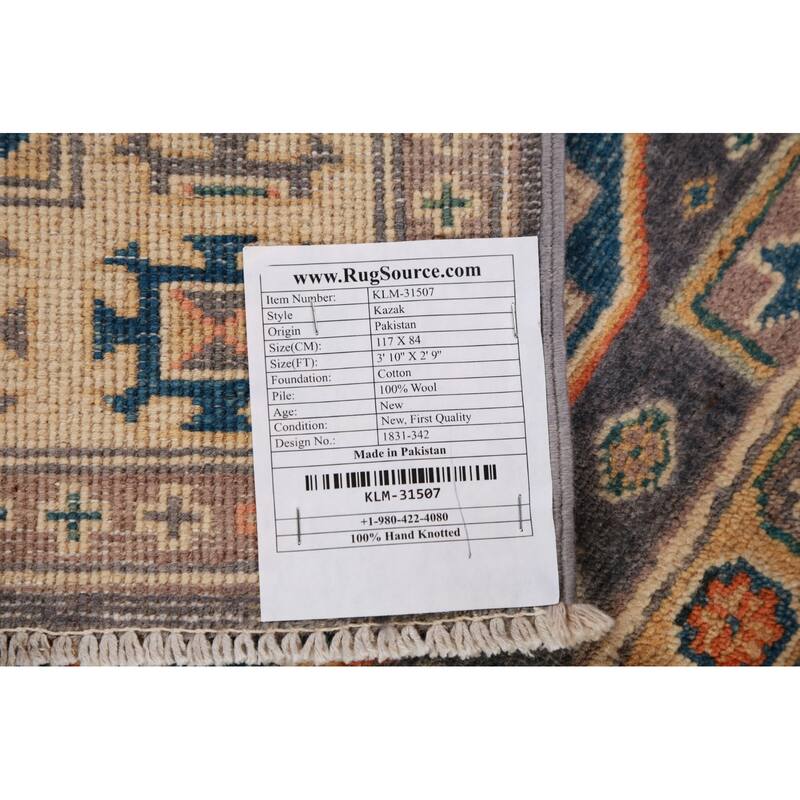 Geometric Kazak Foyer Rug Hand-Knotted Grey Wool Carpet - 2'9"x 3'10"