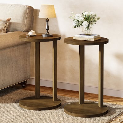 2-Tier Round End Table, Narrow Side Table with Solid Wood Legs for Living Room, Bedroom