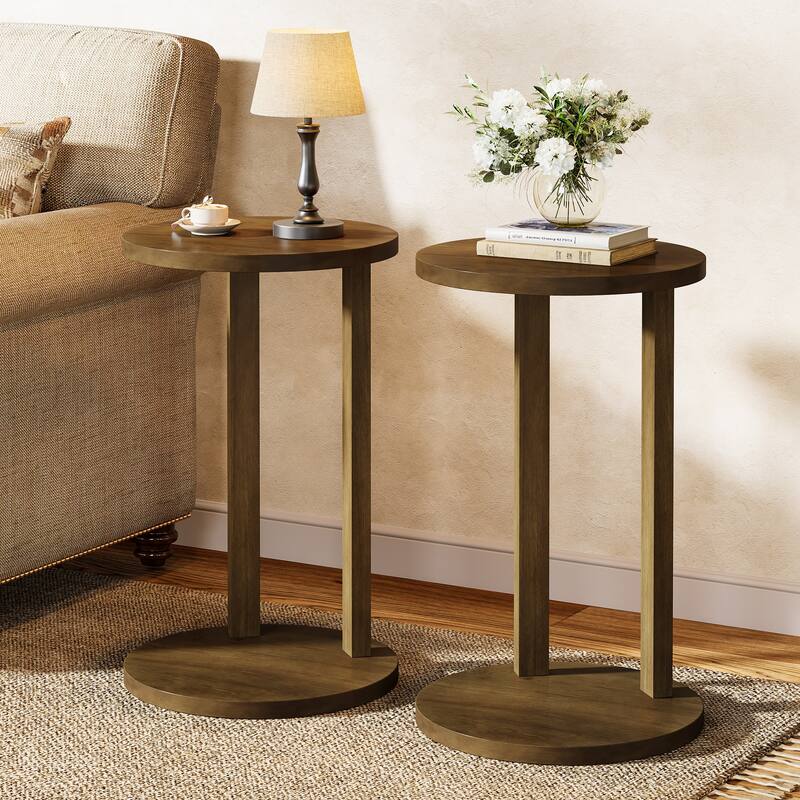 Round End Table, Farmhouse 2-Tier Side Table with Solid Wood Legs - 2PC