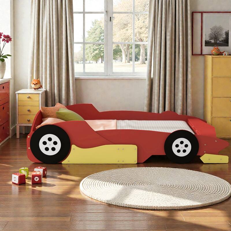 Race Car Platform Bed with Wheels, Kids Car-Shaped Bed Frame with Safety Rails