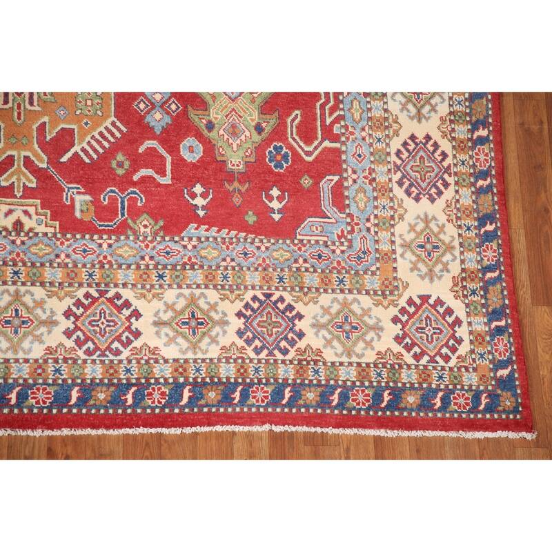 Geometric Kazak Oriental Area Rug Handmade Red Wool Carpet - 8'0" x 9'8"