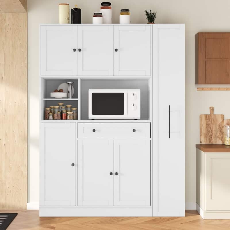 Large Kitchen Pantry Storage Cabinet Cupboard, Buffet with Hutch and Pull-Out Side Cabinet for Enhanced Kitchen Organization - White