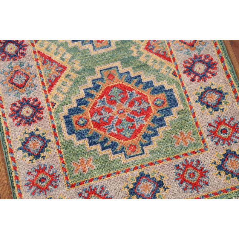 Green Geometric Kazak Accent Rug Hand-Knotted Wool Carpet - 2'0"x 2'11"