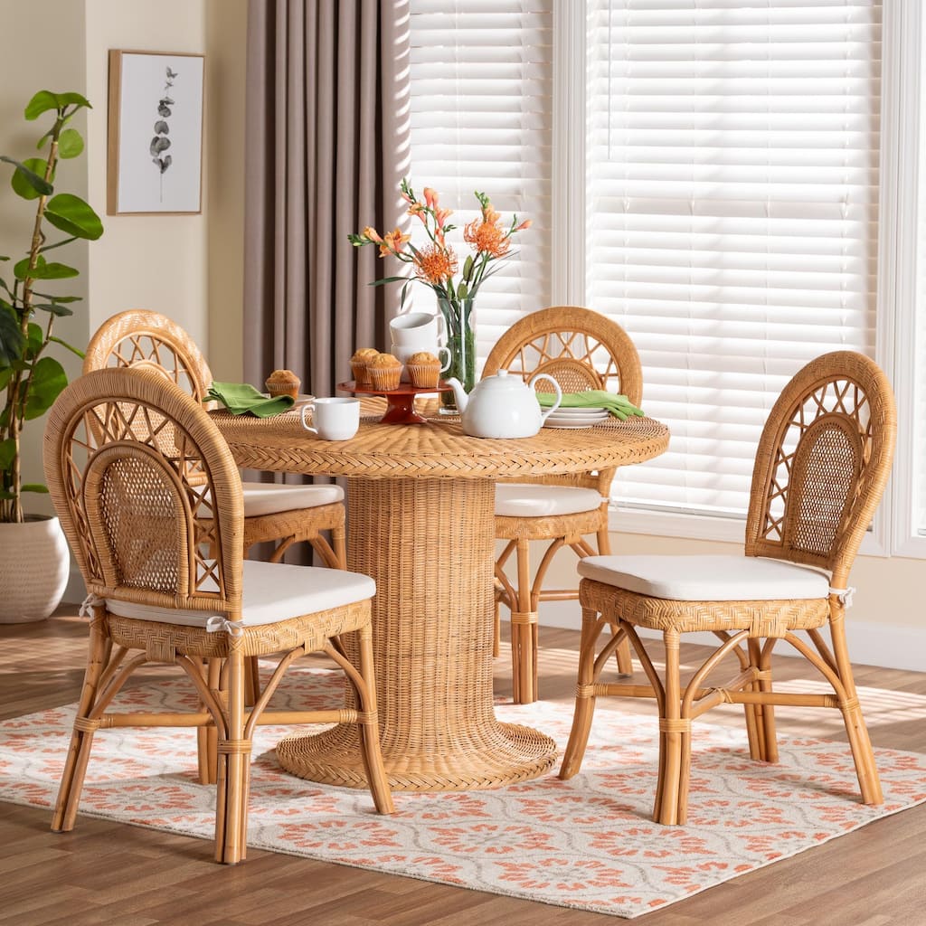Walker 5-Piece Natural Rattan Dining Set - Handwoven Wicker Set with Round Pedestal Table and 4 Curved Back Chairs, Coastal Boho