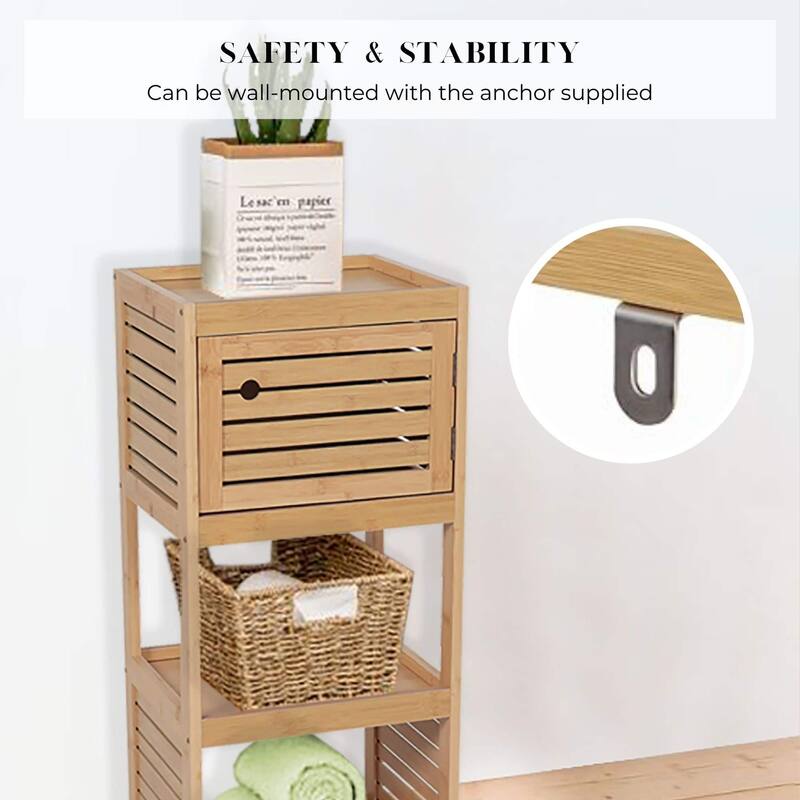 Compact Bathroom Storage Cabinet with Open Shelves and Vented Door, Natural - Trinidad Collection - 24.8"L x 9"W x 70.5"H