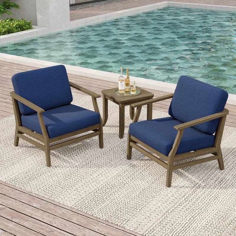 2 Set Patio Teak Wood Outdoor Chair and Side Table Set with Cushions - Navy-Natural Wood