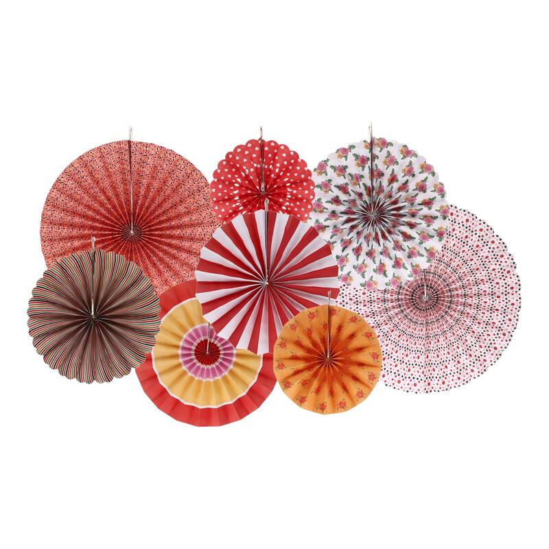 Hanging Paper Fans Set Paper Decorations for Party Red Color 8pcs
