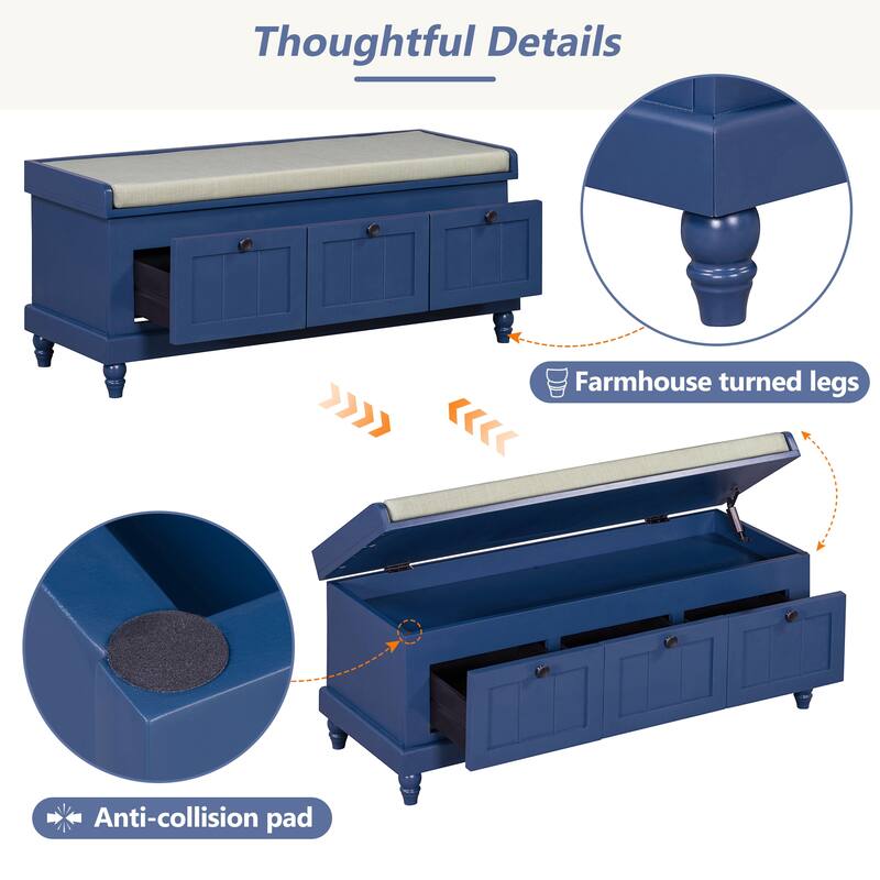 Shoe Bench with Lift Top Cushion Seat & Hidden Space, Entryway Shoe Storage Bench with 3 Drawers, Bedroom End of Bed Bench