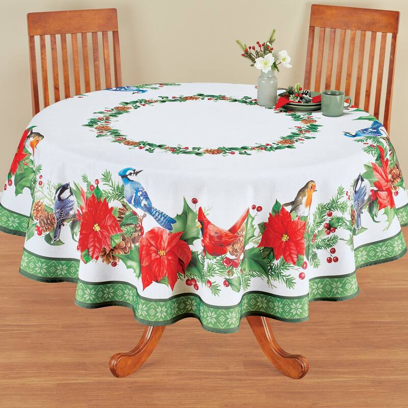 Birds Poinsettia Festive Printed Tablecloth - Round