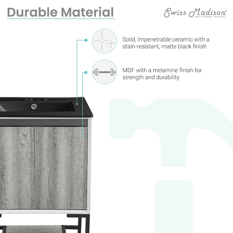 Marseille 24 In. Gray Oak Bathroom Vanity With Black, 3-Hole Ceramic Sink Top
